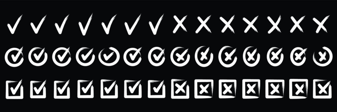Hand drawn doodle checkmark and cross icons set checklist marks in box and circle grunge brush style vector illustration