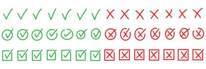 Print Check tick mark icon set. Cross box x check mark checkbox v list vector draw hand drawn sketch doodle brush marker checklist symbol wrong right circle. Green checkmark marker icon. brush marker  © Hike studio 333