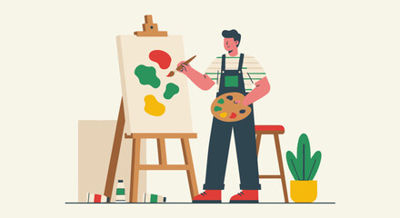 “Artist Painting on Easel”
Flat vector illustrator using brush at an easel, paint blobs as simple solid shapes, minimal creative studio environment.