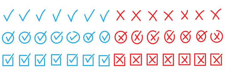Check tick mark icon set. Cross box x check mark checkbox list vector draw hand drawn sketch doodle brush marker checklist symbol wrong right circle. hand drawn, grunge X sign. hand drawn tick mark © Hike studio 333