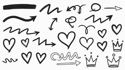 Collection of Hand Drawn Arrows Hearts and Crowns Doodle Elements.