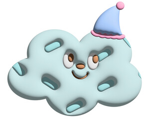 Inflated 3D happy blue cloud for model, merchandise, cartoon character, comic, mascot, sticker, cute patch, brooch, pin, weather, temperature, season, sky icon, decoration, good night sleep tight