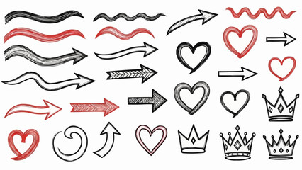 Collection of Hand Drawn Arrows Hearts and Crowns Icons.