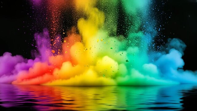 Vibrant Colorful Smoke Explosion Over Calm Water Surface Abstract Background colors 4K Ai HD high quality video.
