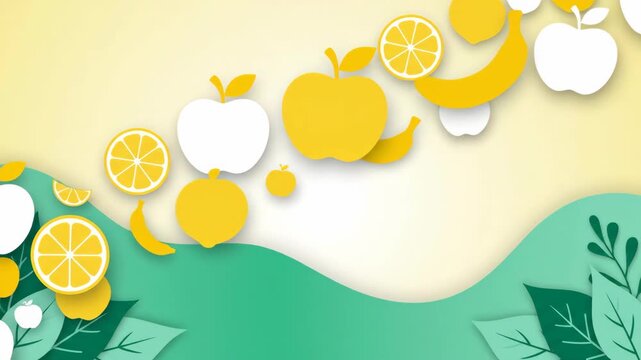 A layered illustration of yellow and white fruit including apples lemons and bananas set against a gradient background with green leafy details