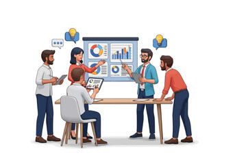 Illustrated diverse business team presenting data charts discussing ideas in a professional meeting lightbulb icons.