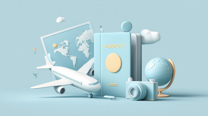 Travel essentials on a soft blue background, highlighting a passport, a camera, a globe, an airplane, and a world map, evoking the excitement of new adventures.