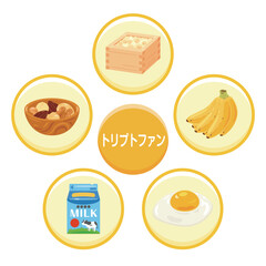 トリプトファンを多く含む食品のイラストセット　日本語／Foods High in Tryptophan Illustration Set – Japanese
