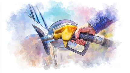 Obraz premium A hand holding a fuel nozzle fills a vehicle at a gas station, depicted in a colorful, artistic style.