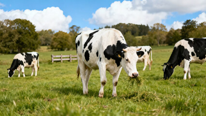 Dairy cows grazing peacefully in a lush green pasture under a bright blue sky.