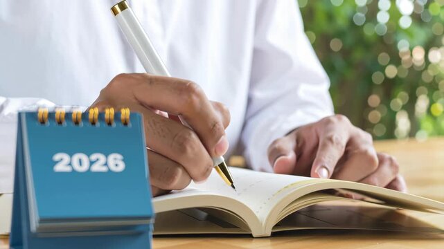 2026 calendar planner schedule agenda business time organization date diary book management strategy goal inspire focused note taking planning office desk person writing notes with pen goal setting