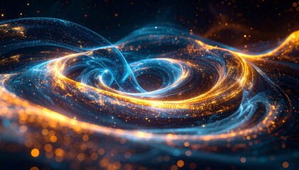 Abstract blend of cosmic energy swirls and digital noise particles, warm glows 