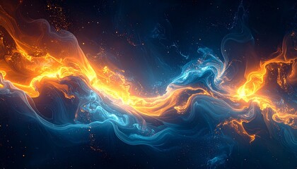 Abstract blend of cosmic energy swirls and digital noise particles, warm glows 