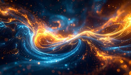 Abstract blend of cosmic energy swirls and digital noise particles, warm glows 