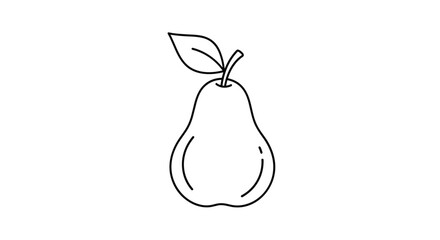 A simple black and white line art icon of a fresh pear with a single leaf, perfect for coloring or minimalist design projects.