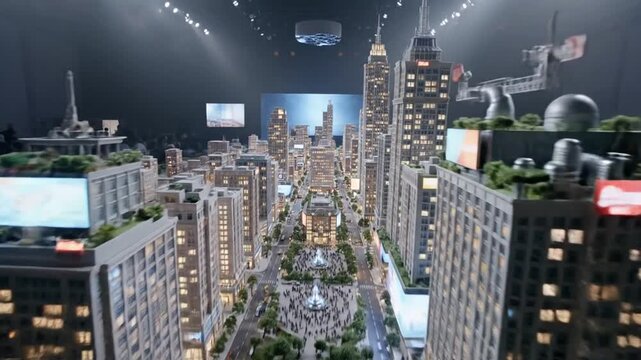 Detailed architectural model of a modern city with skyscrapers and infrastructure.