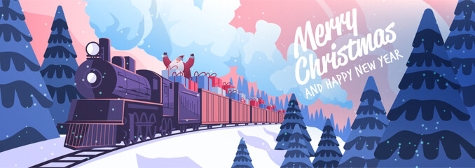 Santa Christmas train winter landscape festive gifts snowy pine trees sunset sky holiday celebration web banner © mast3r