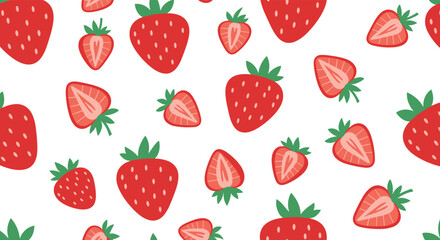 A simple and cute seamless pattern of red strawberries, both whole and sliced, scattered on a clean white background for summer.