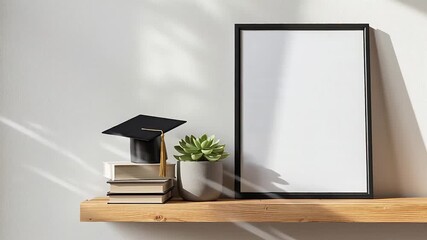Blank frame mockup on a wooden shelf with a graduation cap, books, and a succulent, representing academic achievement and new beginnings