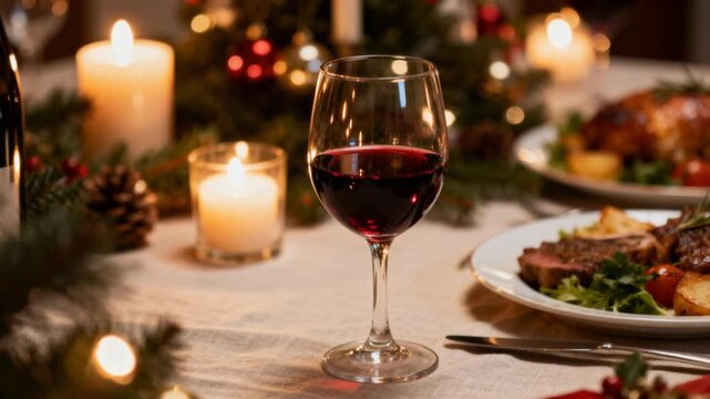 elegant glass of red wine beside christmas dinner linen tablecloth warm candle light reflections shallow depth of field perfect for christmas and winter