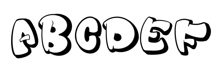 Street alphabet in hip-hop graffiti style, hand drawn. Letters a, b, c, d, e, f alphabet with cool bubble style graffiti pattern.