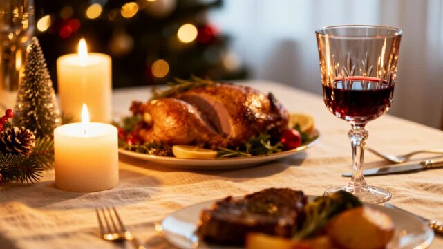 elegant glass of red wine beside christmas dinner linen tablecloth warm candle light reflections shallow depth of field perfect for christmas and winter