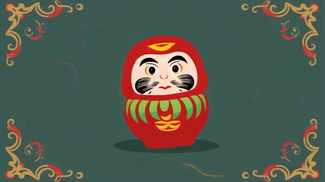 Illustration of a traditional Japanese Daruma doll celebrating New Year on a decorative green background with intricate gold and red designs.