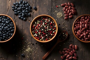 Flat Lay Composition of Colorful Assorted Peppercorns and Various Dried Beans (Black Beans, Kidney Beans) in Small Wooden Bowls on a Dark Rustic Wooden Background for Mexican and Tex-Mex Cooking Conte