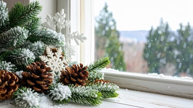 Cozy winter window view snow home christmas cold relax comfort glass hygge frost house lifestyle holiday warm pinecone evergreen frosted windowsill overlooking snowy landscape with pine branch