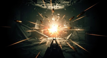 Naklejka premium Intense muzzle flash and flying projectiles illuminate a dark, ruined interior space