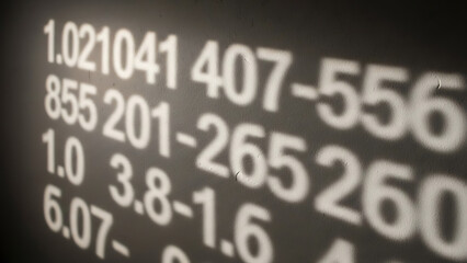 Closeup of white numbers and symbols displayed on a dark screen showing financial data and statistics in a dimly lit environment.