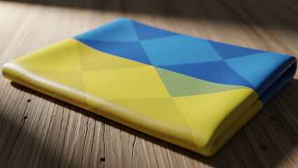 Ukrainian flag rests on wooden table in soft light, symbolizing solidarity and hope for peace in europe.