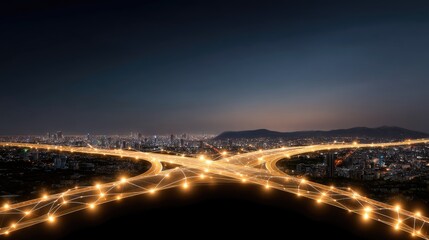 Fototapeta premium Aerial View of Urban Highway Intersection at Night with Illuminated Roads and City Lights in the Background, Depicting Modern Urban Infrastructure and Connectivity