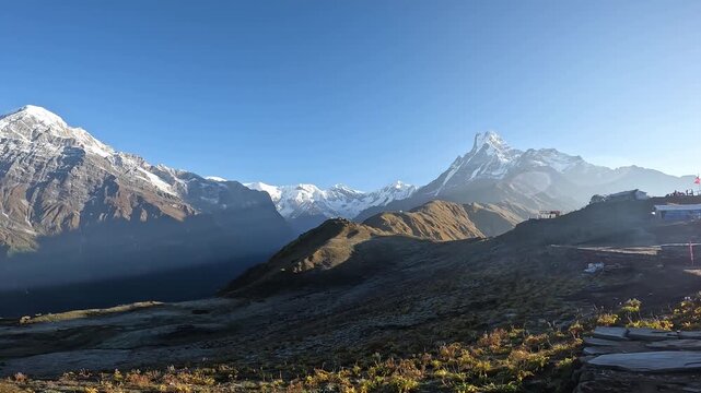 Scenery view on the upper viewpoint on Mardi Himal trekking route in Nepal. The Mardi Himal trek is a moderately challenging trek in Nepal's Annapurna region.