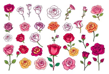 A diverse collection of rose icons in various styles, including line art, filled, and watercolor, bloom, modern