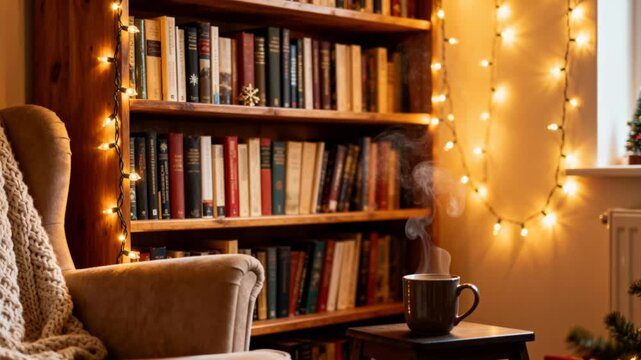reading corner with christmas lights bookshelf warm tones perfect for christmas and winter