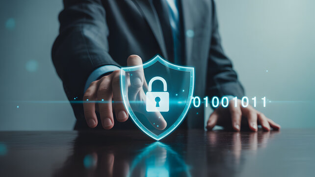Businessperson touching glowing digital shield with padlock and binary code for cybersecurity concept - Powered by Adobe