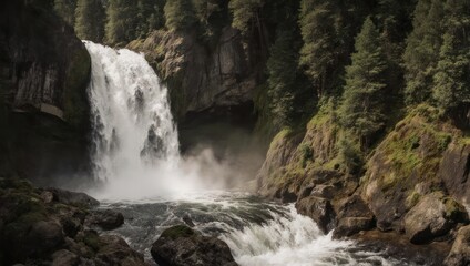 Obraz premium Majestic Waterfall Cascading Down Rocky Cliff Surrounded by Lush Green Forest.