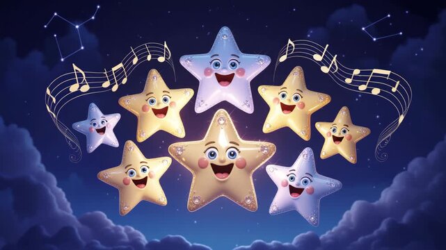 Animated singing stars with musical notes floating in night sky with clouds and constellations 4K Ai HD high quality video.
