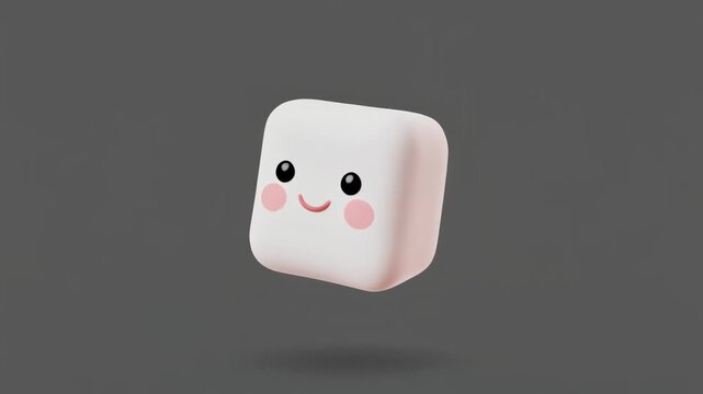 A cute, smiling white marshmallow-like cube character with pink cheeks floating on a grey background.