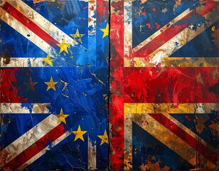 A divided abstract painting showing the European and British flags