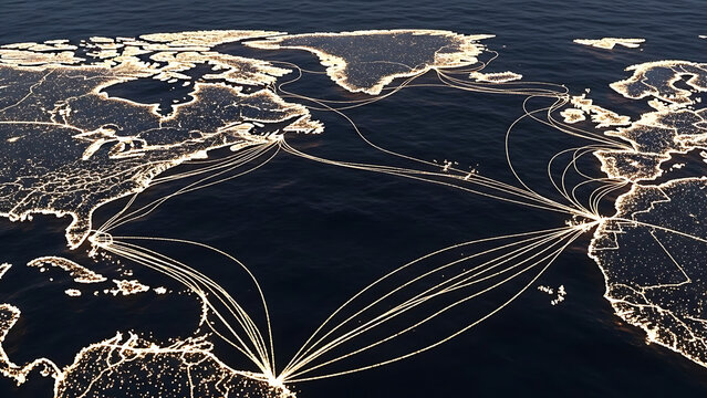 Global network connecting continents with glowing lines across the ocean, symbolizing international communication and connectivity in a modern world.