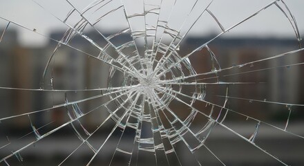 Intricate radial fracture pattern spreads across a transparent pane