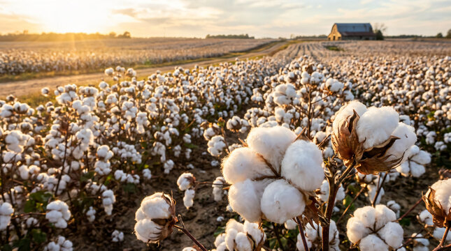 Golden hour sunlight illuminates a vast field of mature cotton plants with fluffy white bolls, a rustic barn visible in the distant agricultural landscape.