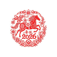Traditional Chinese paper cut art of a horse for the year 2026.