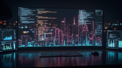 Nighttime Coding Station Neon Cityscape Lights - Powered by Adobe