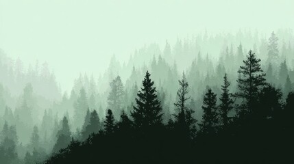 Obraz premium Fog Covers a Forest Silhouette With Pastel Green Tones Creating a Spacious Layout in Early Morning Light