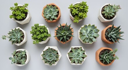 Succulents in geometric pots topdown view arranged pattern on a gray surface