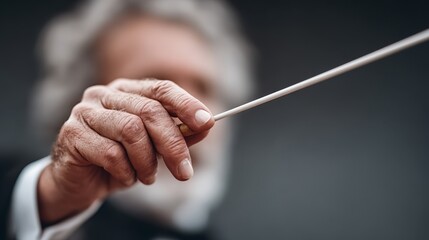 An elderly conductor's hand holds a baton while leading an orchestra, captured in a dramatic close-up with a dark, blurred background, evoking focus and authority.