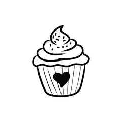 Hand Drawn Heart Cupcake with Frosting Doodle